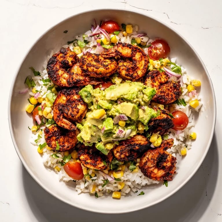 Golden-brown blackened shrimp nestled on rice, topped with fresh avocado corn salsa for this flavorful bowl.