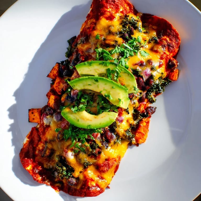 Savor the flavors of these hearty One-Pan Sweet Potato, Black Bean & Kale Enchiladas, perfect for dinner.