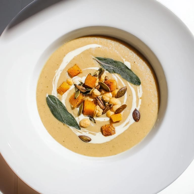 A bowl of hearty Chickpea, Pumpkin & Sage Soup boasts a vibrant orange hue and fresh sage garnish.