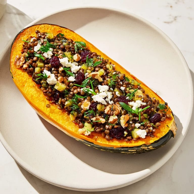 Warm, tender Lentil & Walnut Stuffed Acorn Squash, perfect for a cozy fall supper.