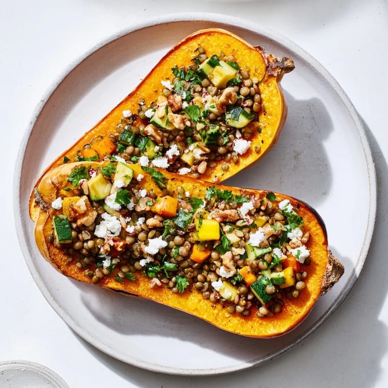 Savory Lentil & Walnut Stuffed Acorn Squash has a flaky, spiced walnut filling.