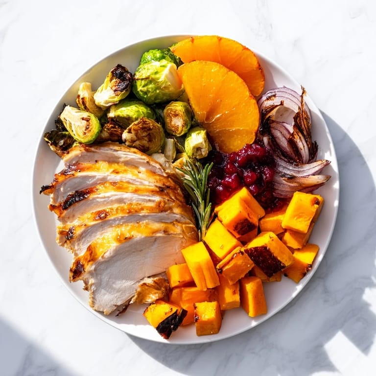 Golden-brown sheet-pan roasted turkey breast, glistening among perfectly roasted winter vegetables.