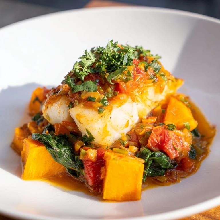 This photo presents a mouthwatering tray of golden-baked cod with squash in tomato sauce.