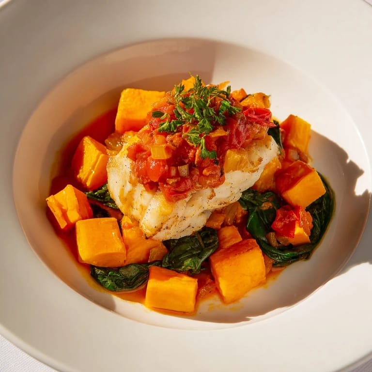 Fragrant Baked Cod with Butternut Squash, a healthy, Mediterranean-inspired dinner with fresh herbs.