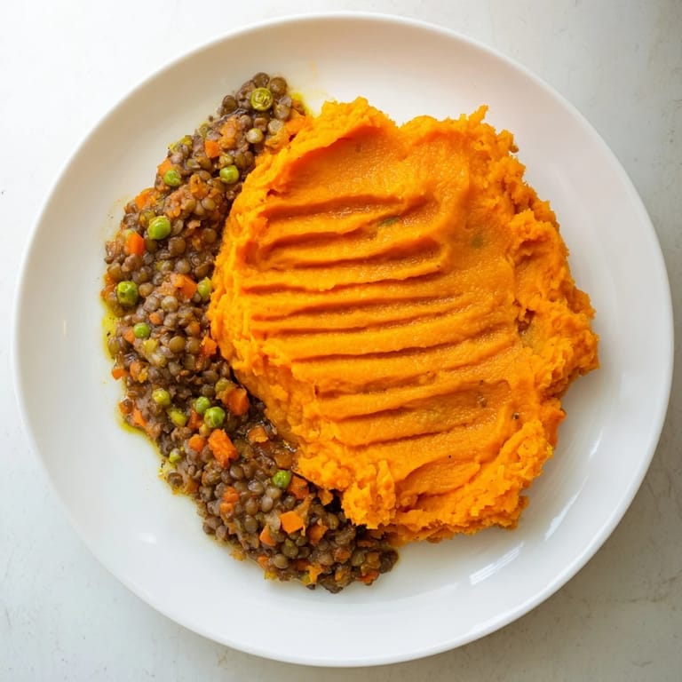 Warm, hearty veggie shepherds pie with sweet potato mash, ready to serve and enjoy.