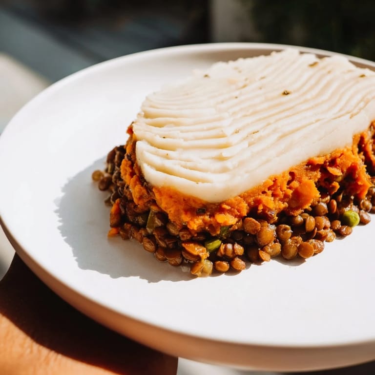 Golden-topped veggie shepherds pie with visible texture, offering a comforting vegetarian meal option.