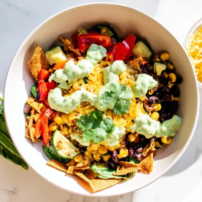A steaming, flavorful Veggie-Packed Taco Skillet with cheese, herbs, and avocado yogurt topping.