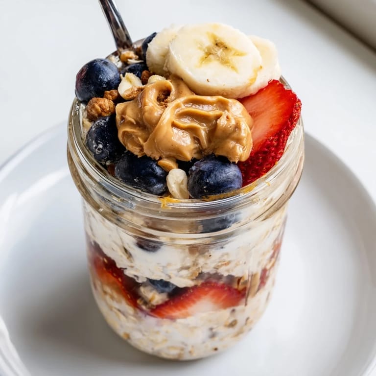 View the beautifully layered overnight oats jars, featuring a swirl of peanut butter and berries.
