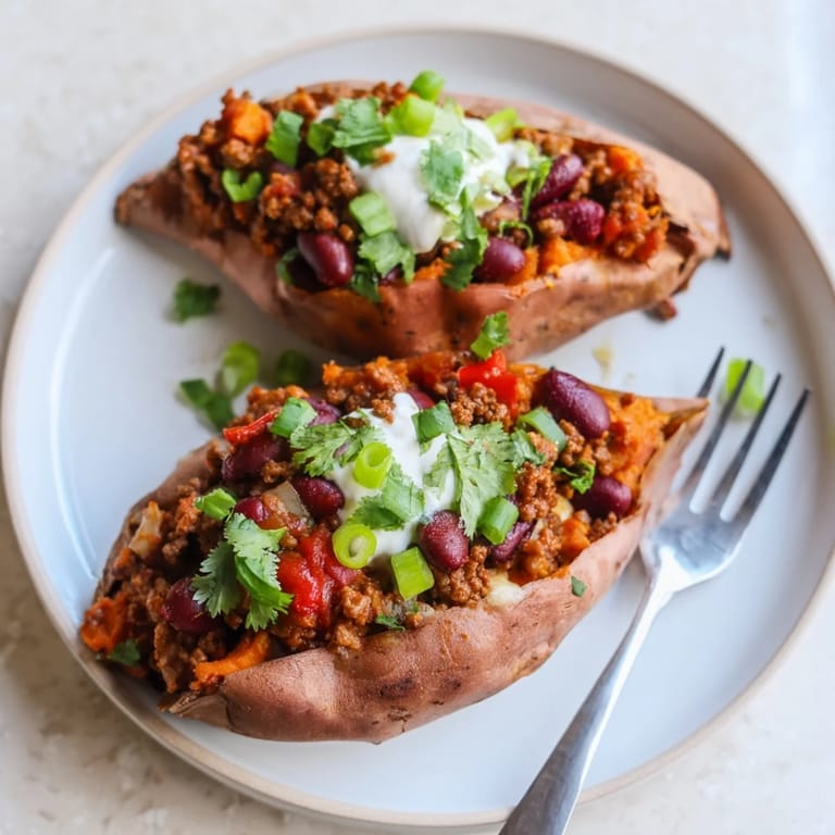A close-up of a fully loaded baked sweet potato stuffed with hearty, flavorful chili.