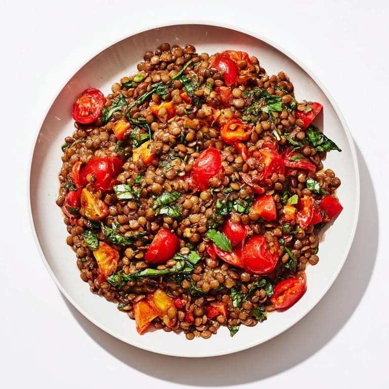 A steaming bowl of flavorful Lentil-Tomato Skillet, a delicious vegetarian supper with Mediterranean herbs and spices.