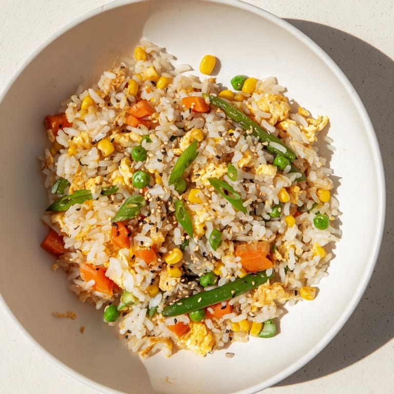 Delicious, colorful Frozen Veggie Fried Rice with egg and a sprinkle of sesame seeds, ready to enjoy.