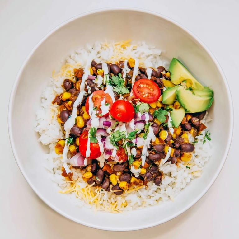 A vibrant Rice, Bean, and Corn Burrito Bowl with fresh cilantro and lime wedges, perfect for dinner tonight.