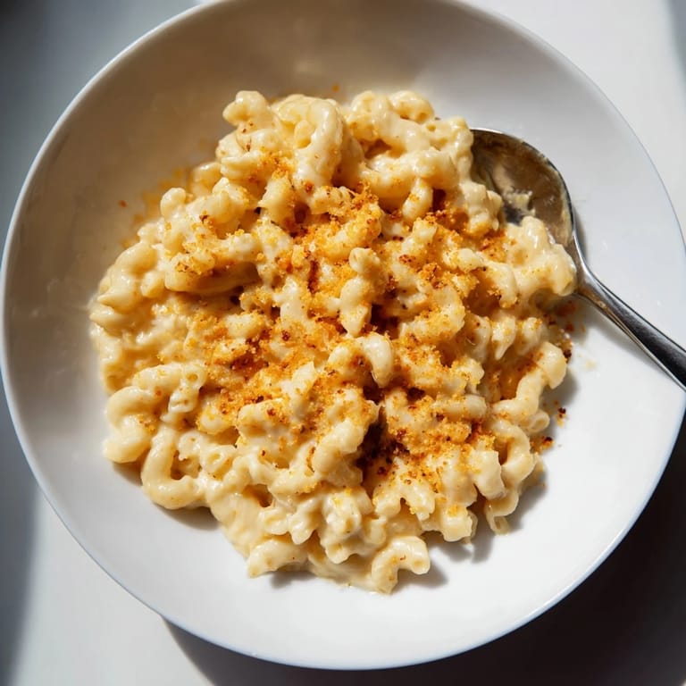 Warm, cheesy mug mac & cheese with melted cheddar, perfect for a cozy, single serving.