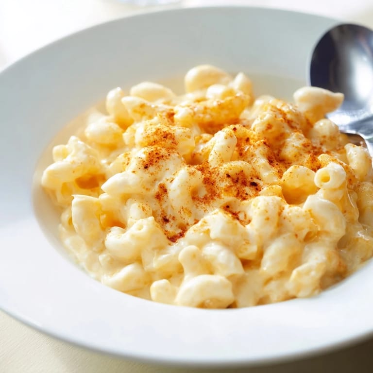 A close-up of a creamy mug mac & cheese, made in minutes and ready to savor.