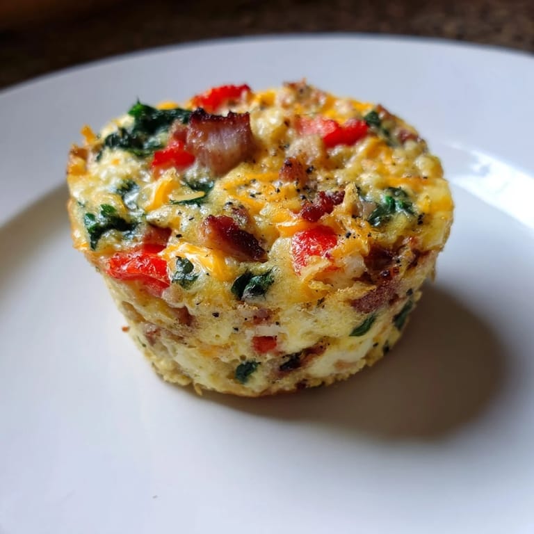 Steaming-hot, cheesy One-Pot Breakfast Casserole Muffins with visible chunks of red peppers and spinach inside.