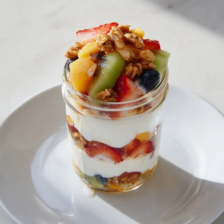 Layered yogurt parfait showcasing fresh seasonal fruit and granola, perfect for a refreshing snack.