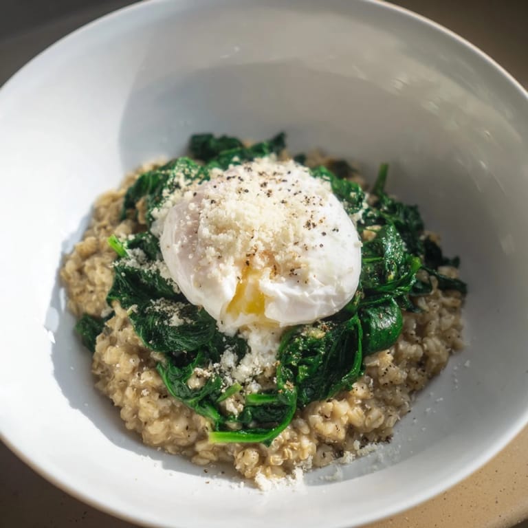 Picture a bowl of delicious Savory Oatmeal, garnished with greens and a bright egg yolk.