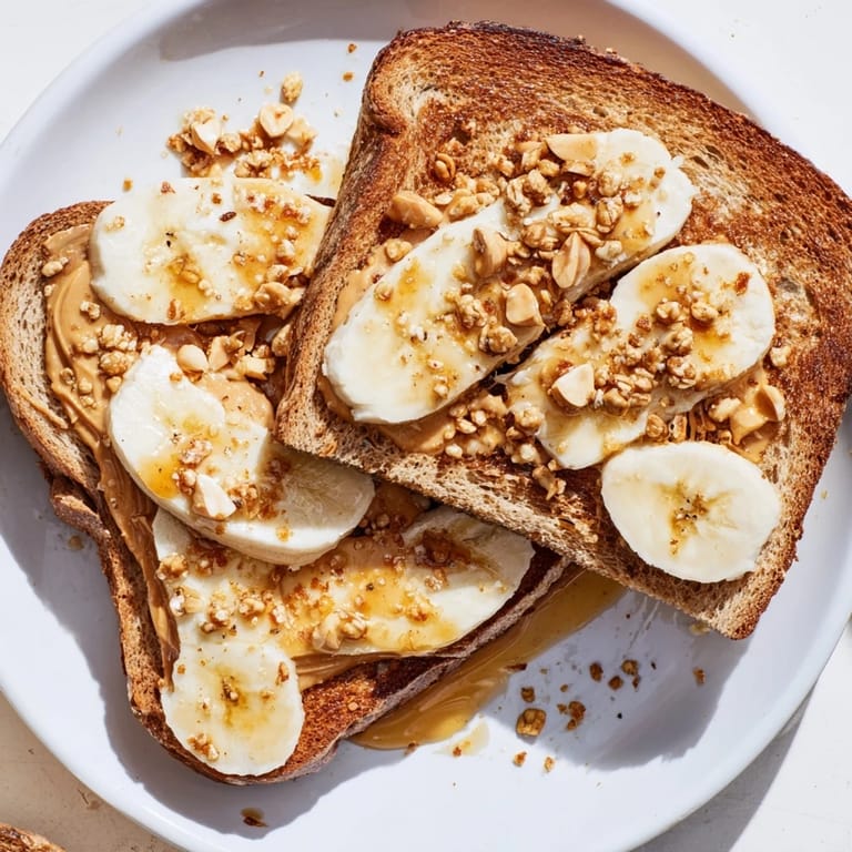 Close-up of a loaded peanut butter and banana sandwich, layered with delicious ingredients for breakfast.