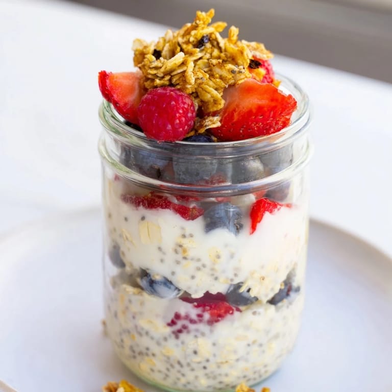 A close-up of creamy Overnight Oats, beautifully layered with fruit and nuts for a satisfying morning meal.