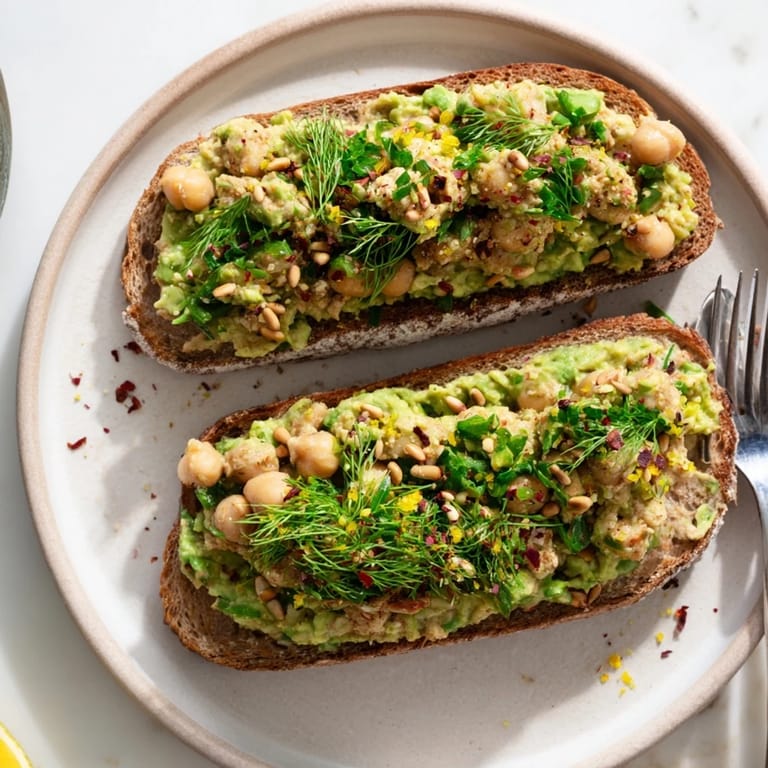 This plated avocado toast with chickpeas & herbs features a delightful blend of textures and tastes, a perfect light meal!