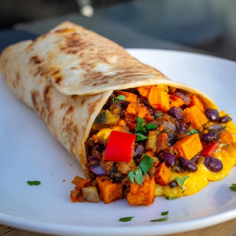 A close-up of a delightful sweet potato & black bean breakfast burrito with cheese, ready to be enjoyed as a hearty meal.