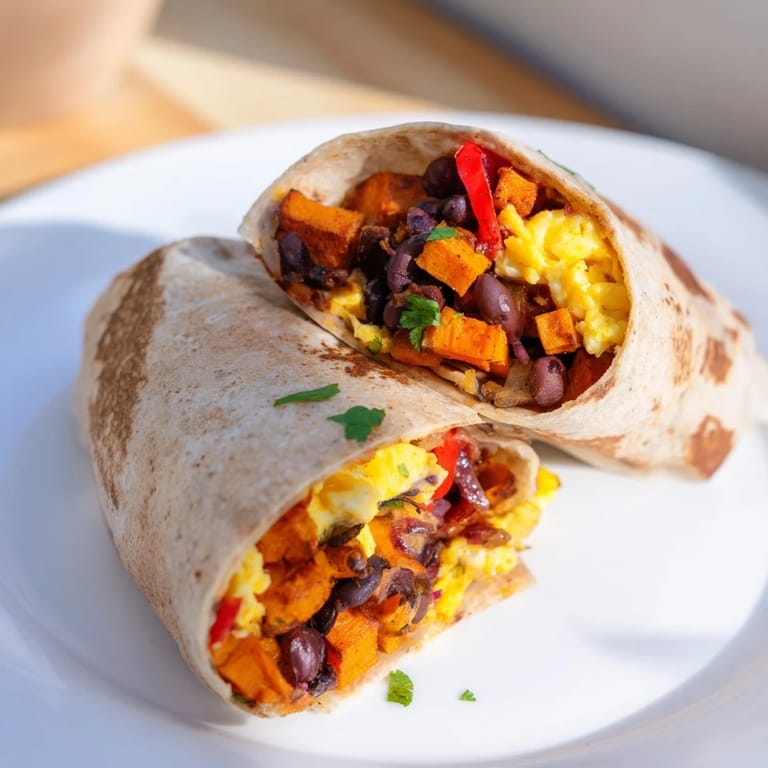 Golden-brown sweet potato & black bean breakfast burritos, perfect for meal-prepping this filling, vegetarian meal.