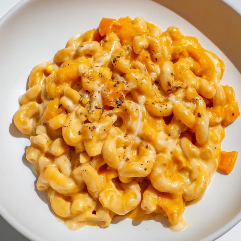 Bright orange One-Pot Butternut Squash Mac & Cheese, garnished with herbs, a perfect vegetarian meal idea.