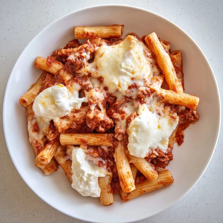 Delicious slow cooker baked ziti, a vegetarian pasta dinner full of creamy ricotta and mozzarella.