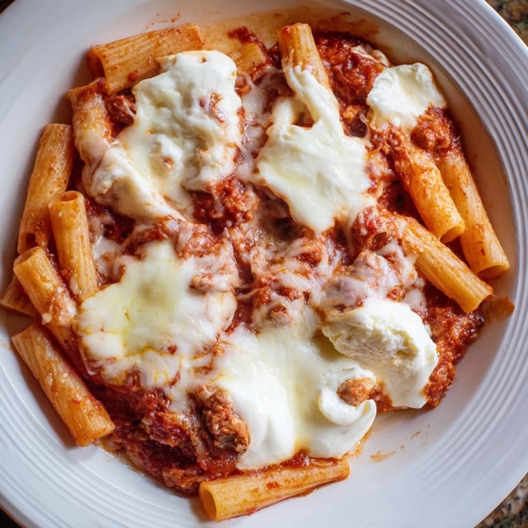 A close-up of cheesy slow cooker baked ziti, a comforting Italian-American family meal.