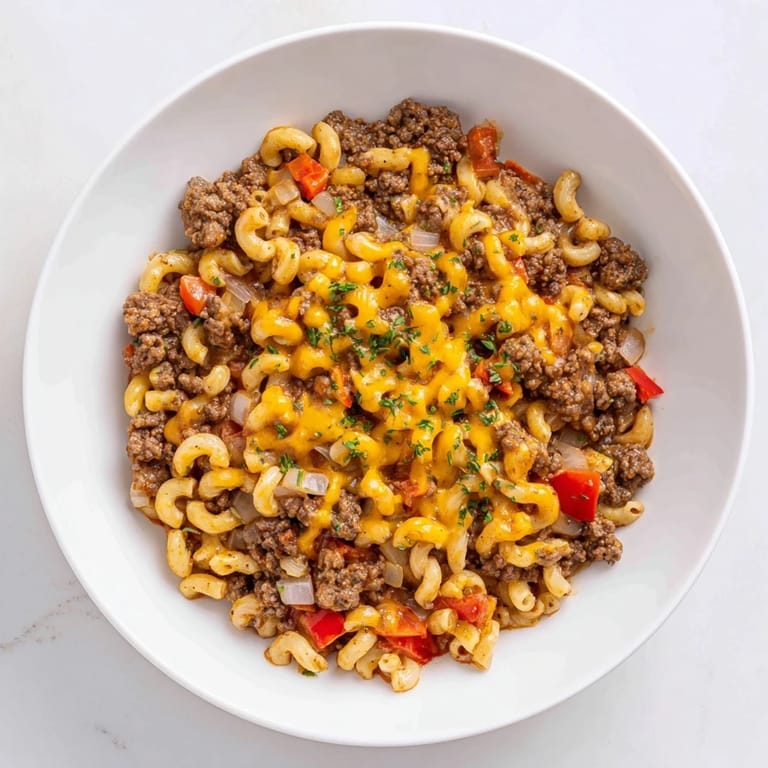 This satisfying Cheeseburger Chili Mac shows a bubbling, cheesy skillet promising a delicious one-pan dinner.