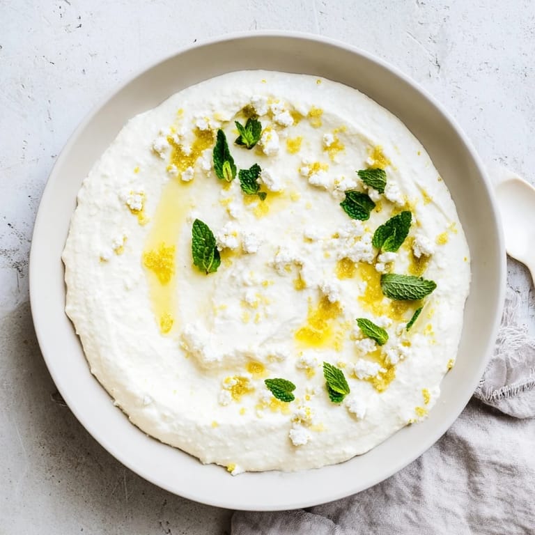 Mediterranean whipped feta dip, drizzled with zesty lemon-mint, ready to be served as an appetizer.