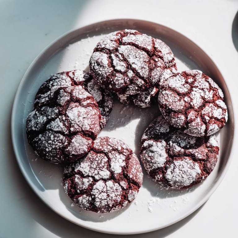 Close-up of freshly baked Red Velvet Chocolate Crinkle Cookies, showing the crackled crust's depth.