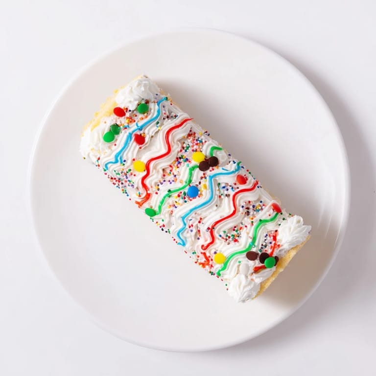 Close-up of a colorful Ugly Sweater Cake Roll, frosted with whimsical designs and bright sprinkles.