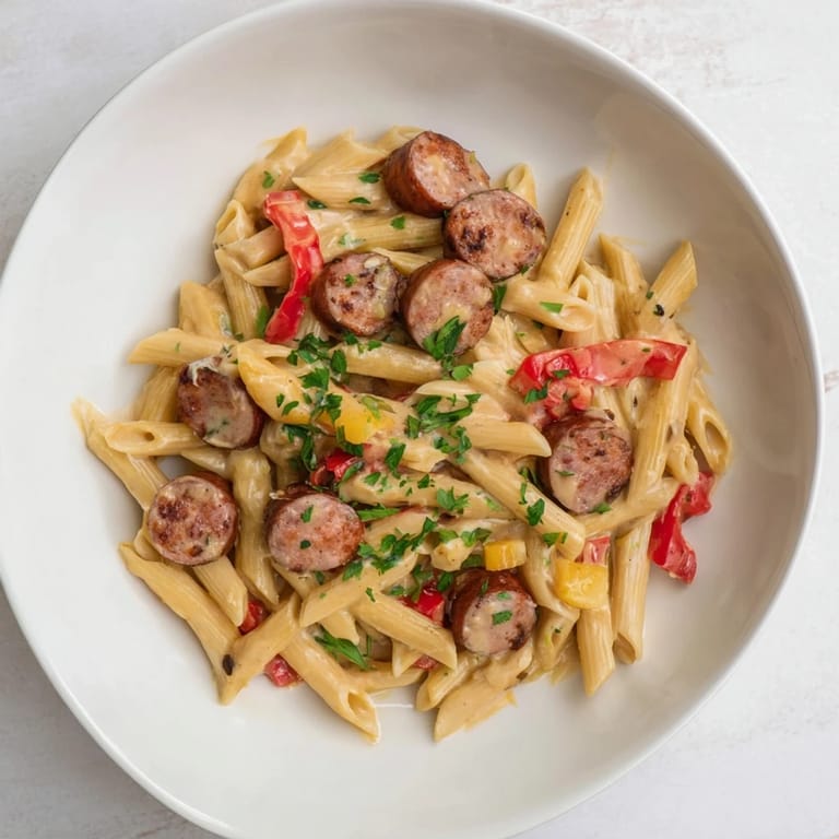 A close-up of Smoked Sausage Cajun Alfredo: Penne pasta coated in rich, spicy Alfredo, loaded with sausage.