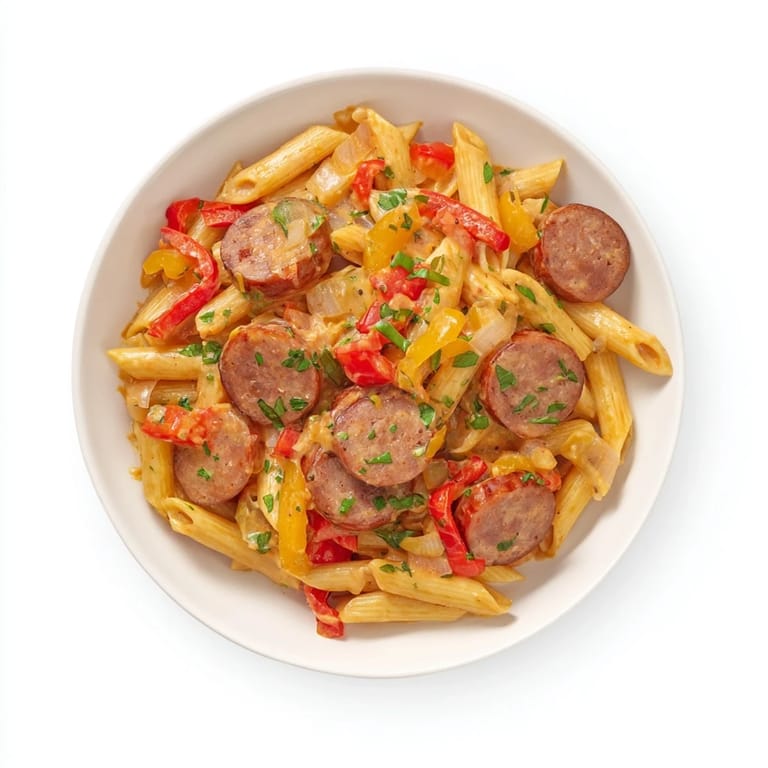 Enjoy a warm bowl of flavorful Smoked Sausage Cajun Alfredo; the penne is perfectly coated in sauce.