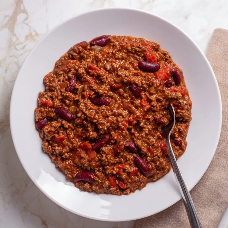 A close-up of a bubbling crockpot of easy Secret 4-Ingredient Slow Cooker Chili, ready to serve with toppings.