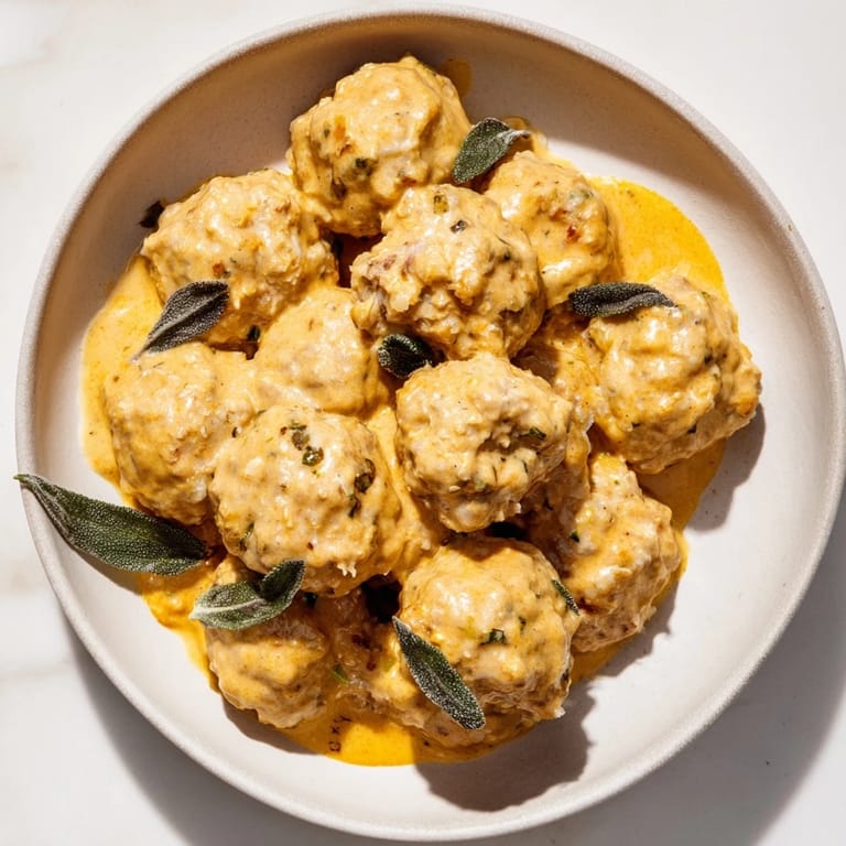 Hearty Easy Turkey Meatballs in Pumpkin Sage Sauce, showcasing the rich pumpkin color with fresh sage garnish.