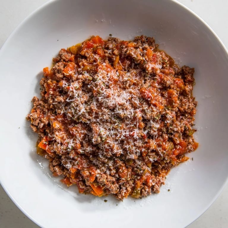 A close-up of a bubbling pot of Classic Tuscan Ragu with fresh herbs, ready to serve.