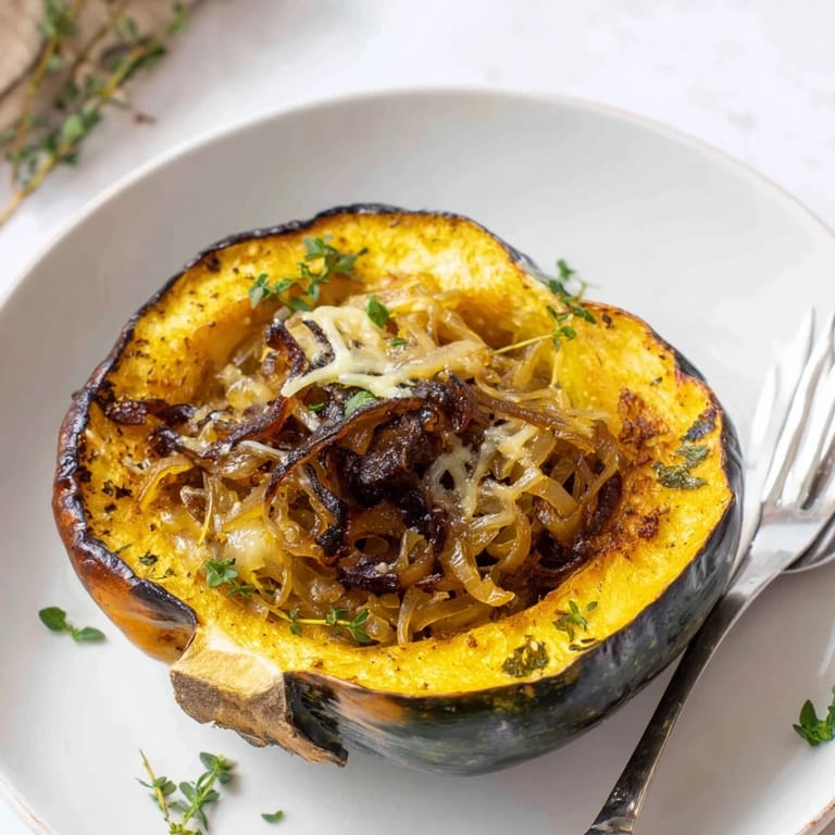 Melty Gruyere tops caramelized onions nestled in tender Caramelized Onion Gruyere Squash halves, ready to serve.