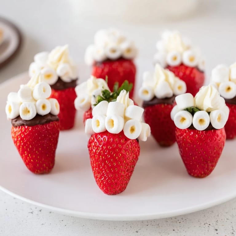 Adorable Air Fryer Santa Hat Strawberries, with melted white chocolate trim and marshmallow tops, a fun holiday project.