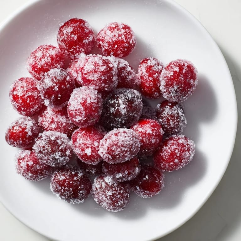 Close-up of sparkling Vegan Candied Cranberries, coated in sugar, perfect for a vegan dessert garnish.