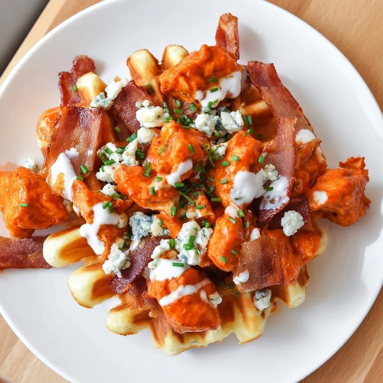 Golden, buffalo-sauced chicken sits atop a waffle with bacon pieces in these easy Buffalo Chicken Bites.