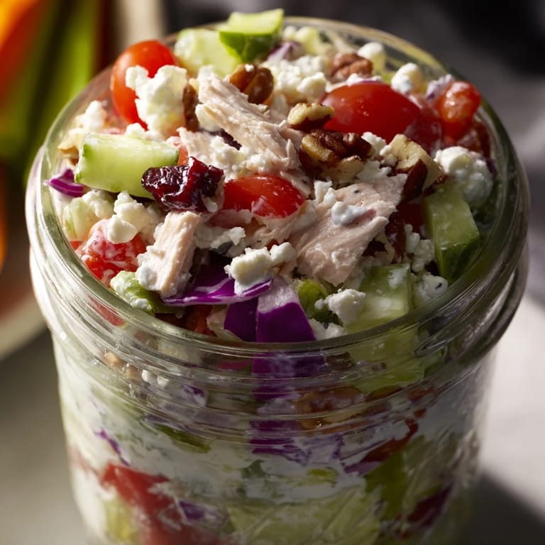 Beautifully layered Layered Holiday Chopped Chicken Salad Jar, featuring chicken, veggies, and creamy dressing.