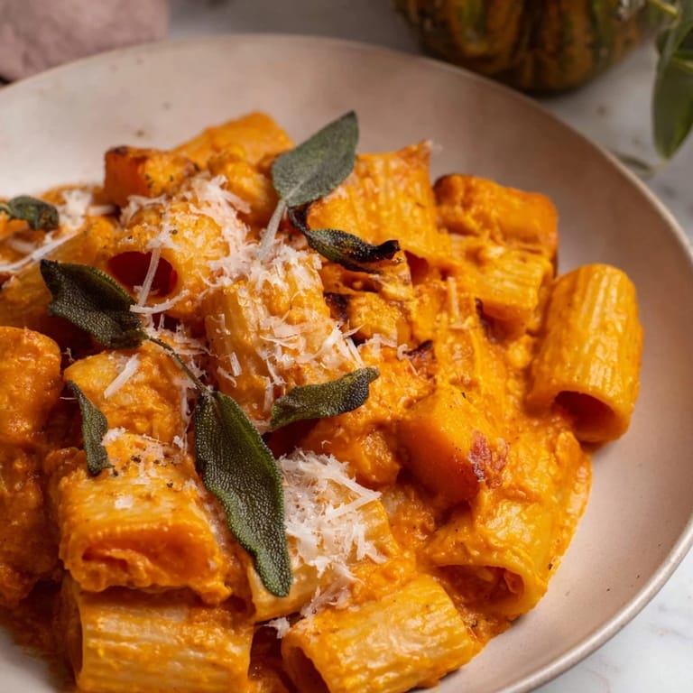 A close-up of creamy Roasted Butternut Squash and Sage Goat Cheese Pasta, garnished with crispy sage leaves.