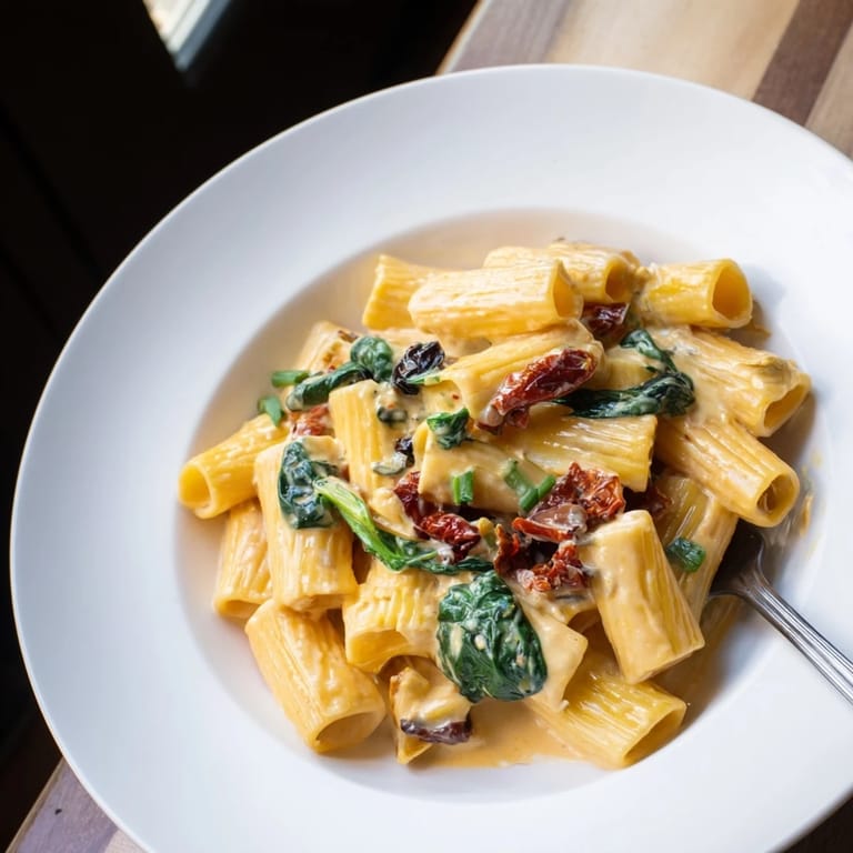 Flavorful Creamy Sun-Dried Tomato Spinach Cottage Cheese Pasta: a comforting vegetarian Italian-inspired dinner.