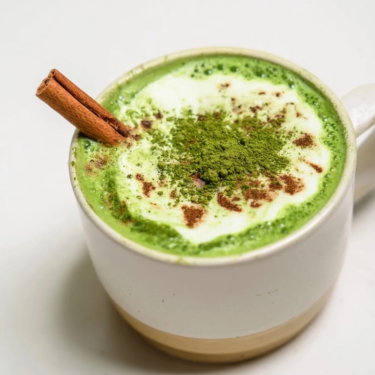 Golden-hued Maple Cinnamon Gingerbread Matcha Oat Latte, served steaming in a cozy mug, perfect for fall.