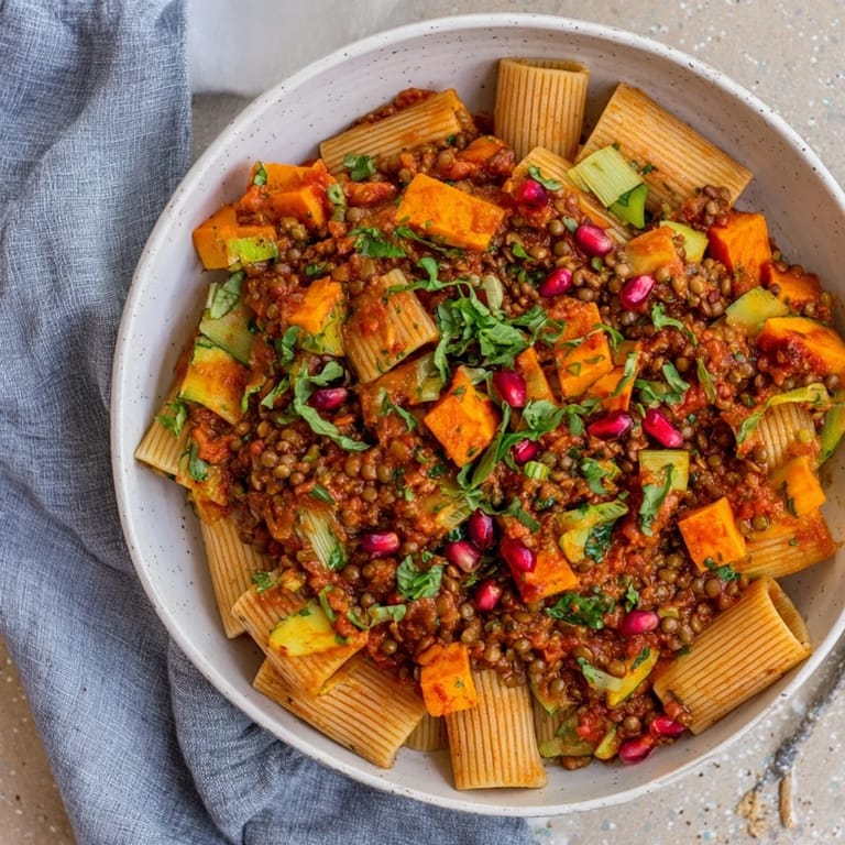 Close-up of a rustic plate of High-Fiber Lentil Bolognese, offering rich flavors and textures with pomegranate.
