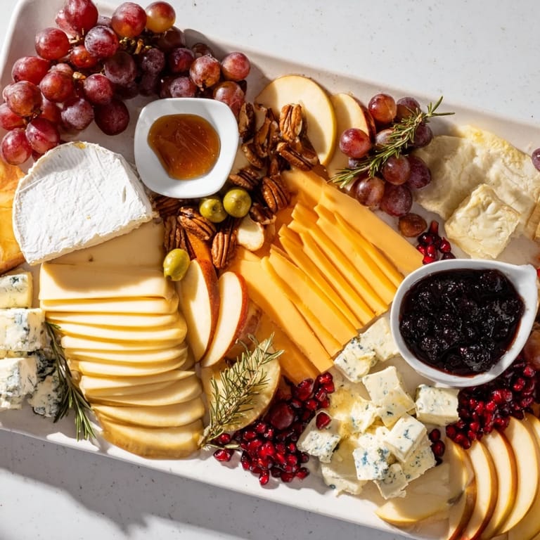 Savory Jingle Bell Cheese Board, overflowing with the flavors of brie, grapes, and holiday treats to enjoy.