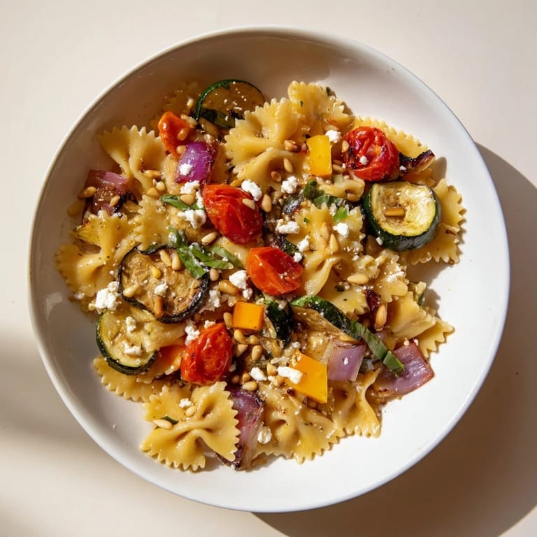 Delicious festive bow tie pasta, enhanced with herbs, feta, and lemon dressing, ready to enjoy.