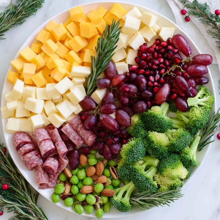 An eye-catching Evergreen Tree Snack Board: a delicious, party-perfect spread with varied cheeses.